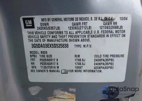 2005 Buick Rendezvous Cx from USA, damaged, VIN 3G5DA03EX5S525838